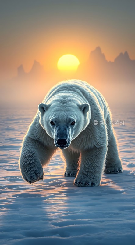 北极熊漫步雪原