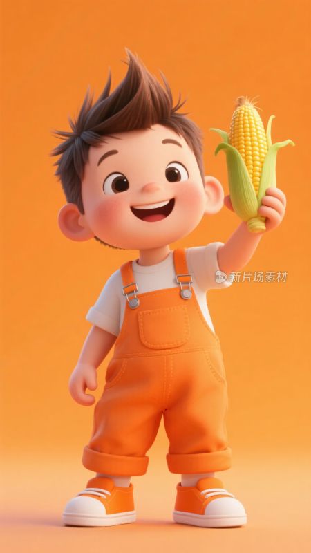 手持玉米的可爱卡通小男孩