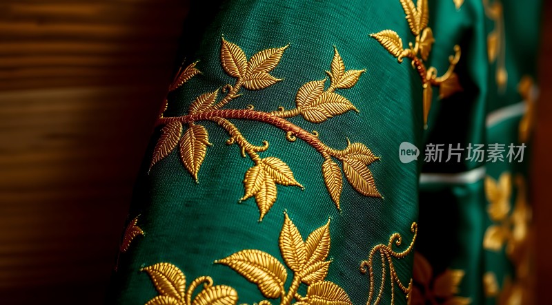 绿色布料上的金色树叶图案