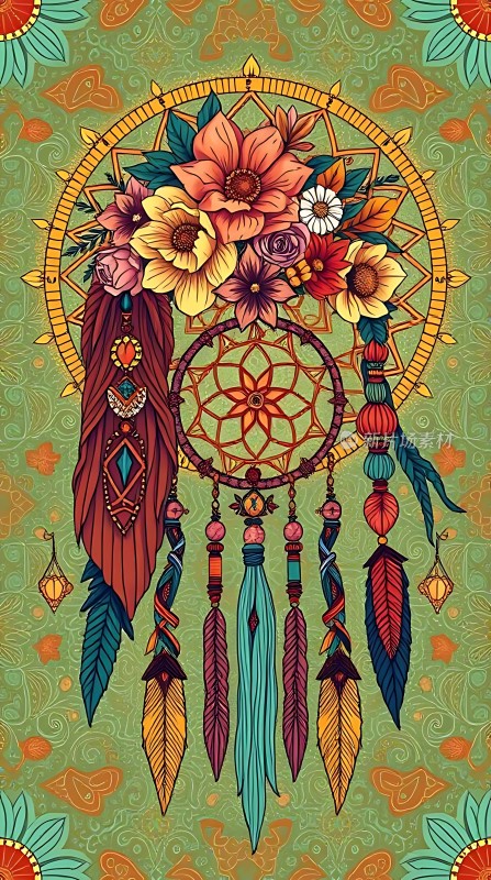 彩色捕梦网与花朵的结合