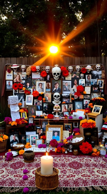 亡灵节祭坛蜡烛、骷髅与鲜花交织的生命赞歌