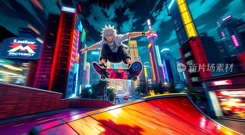 滑板少年飞跃城市夜景