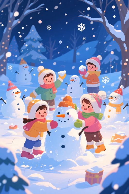 孩童堆雪人冬日插画