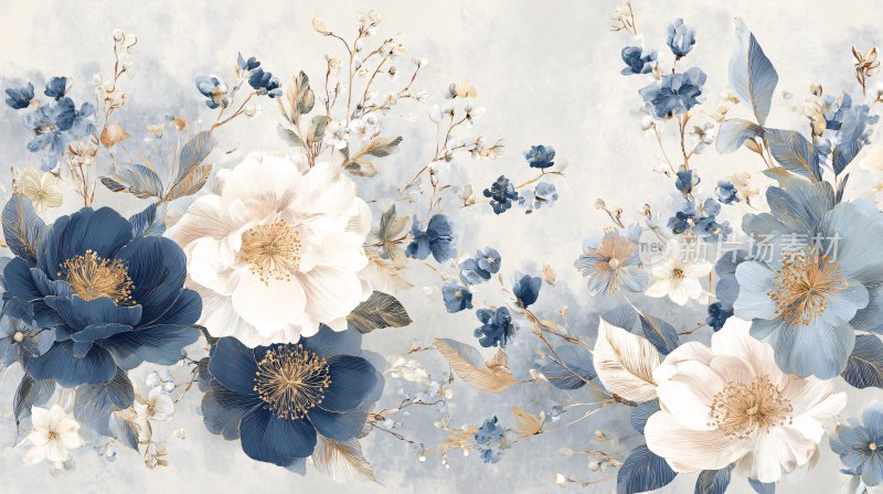 蓝白花卉插画图案