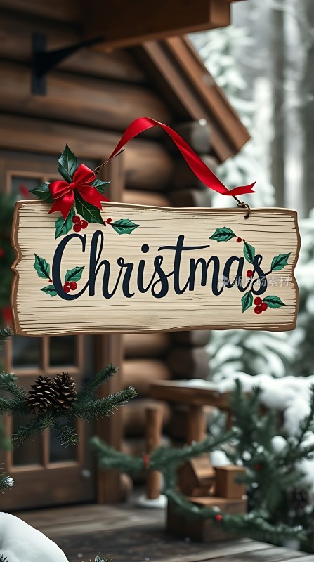 圣诞木牌装饰红丝带与冬青叶点缀雪景背景下的温馨节日氛围