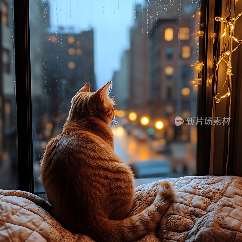 橘猫望雨夜城市灯光