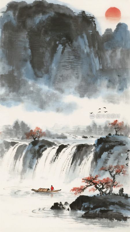中式山水瀑布日出图景
