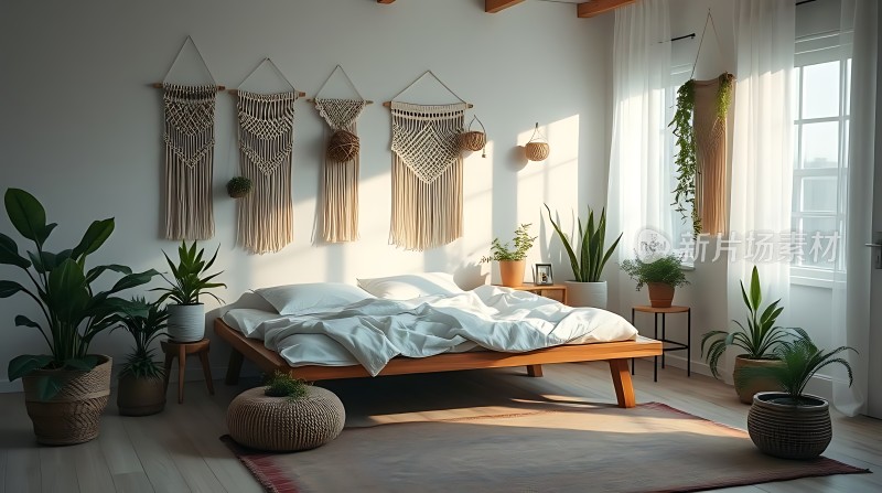 阳光下的温馨卧室绿植环绕的自然之家
