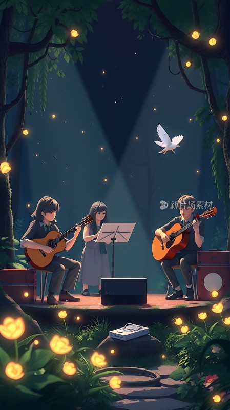 夜晚森林音乐会三人弹奏吉他萤火虫飞舞营造浪漫氛围