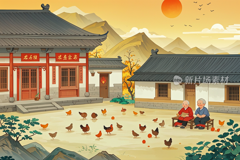 重阳节温馨的老人和睦的家庭重阳节创意插画