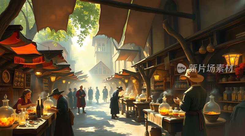 中世纪集市上的魔法交易