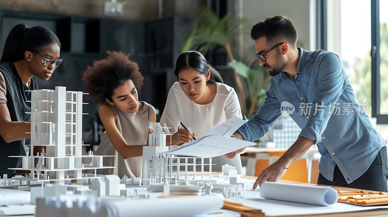 团队协作共同探讨建筑模型设计