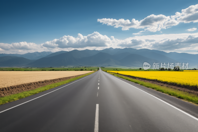 道路黄色的田野和山脉高清图片