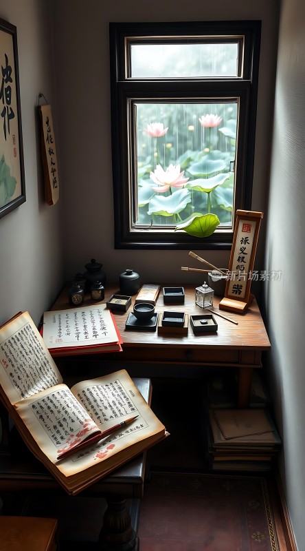 窗前书桌上的古风书法创作场景