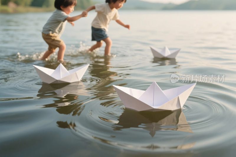 湖边小孩玩纸船