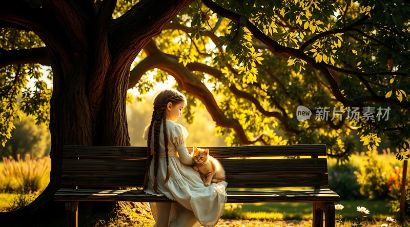 阳光下的女孩与猫咪