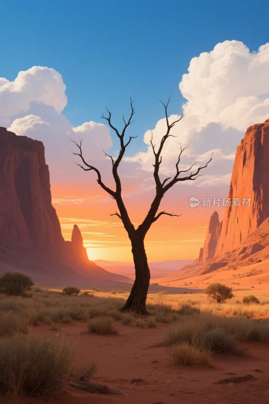 沙漠孤树风景插画