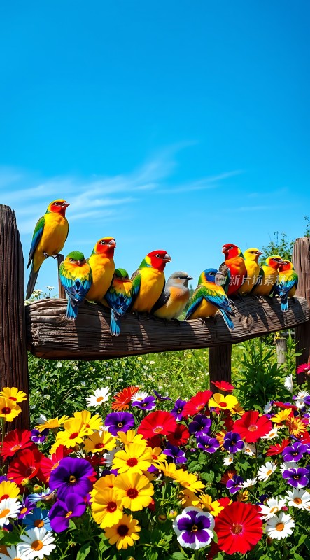 五彩斑斓的小鸟栖息在花丛中