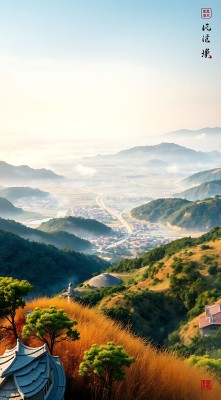 晨曦中的古村落与山景 晨曦中的古村落与山景