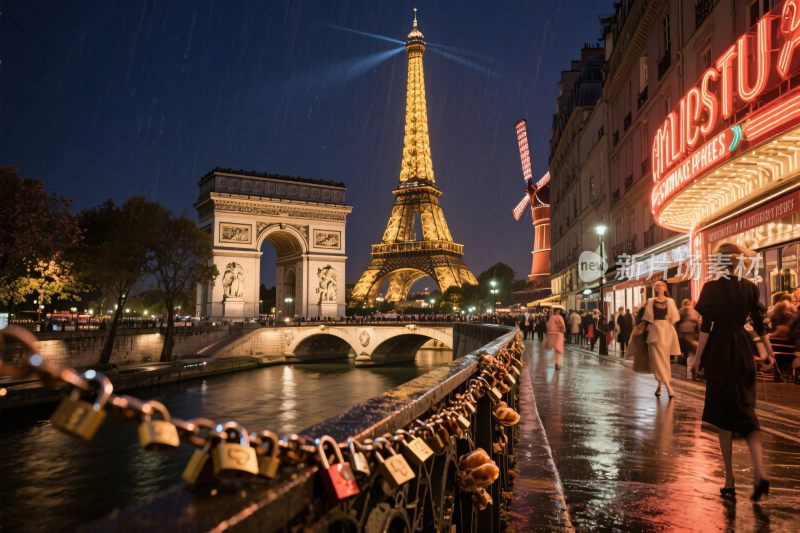巴黎塞纳河夜景图