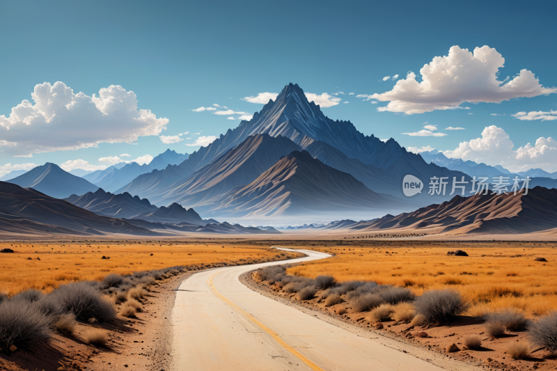 一条长长的路穿过沙漠山脉高清风景插画图片