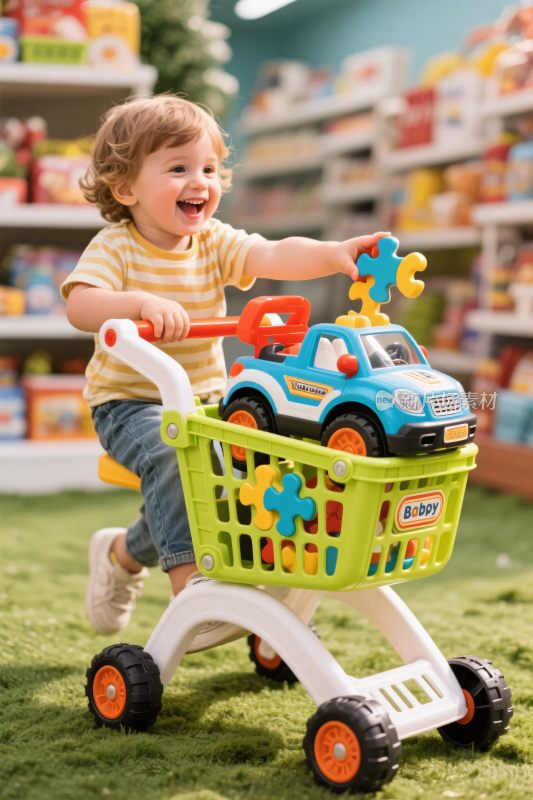 小孩在玩玩具购物车