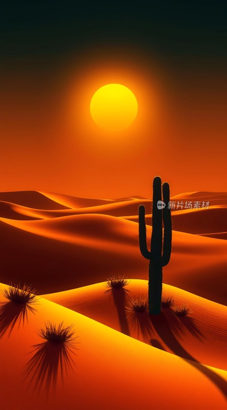 沙漠夕阳下的仙人掌