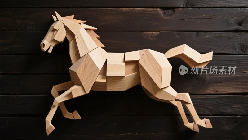 木质几何拼接奔跑骏马摆件