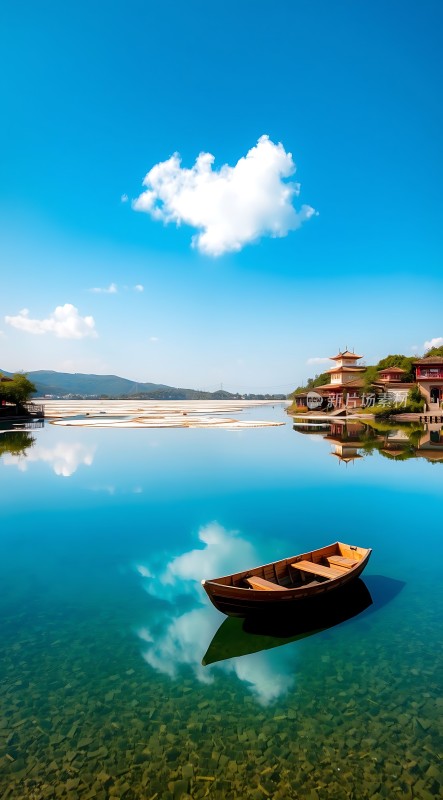 湖畔小船映碧波云影倒影入眼帘