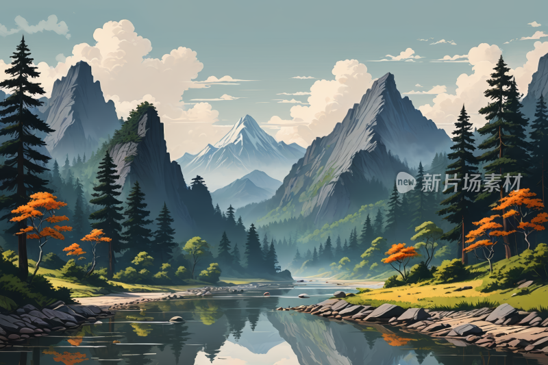 山水风景插画高清图片