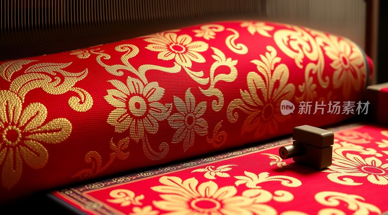 红色花纹布料展示