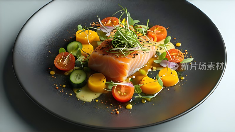 黑盘上的美味三文鱼拼盘