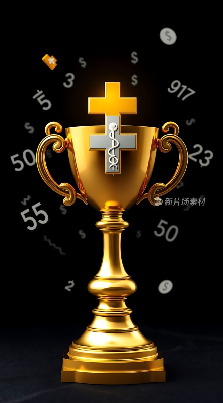 金色奖杯上的十字架和蛇杖标志背景中有数字和货币符号象征着医学领域的成就与财富
