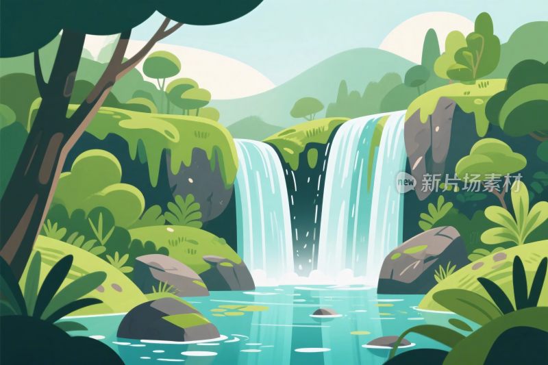 森林瀑布插画