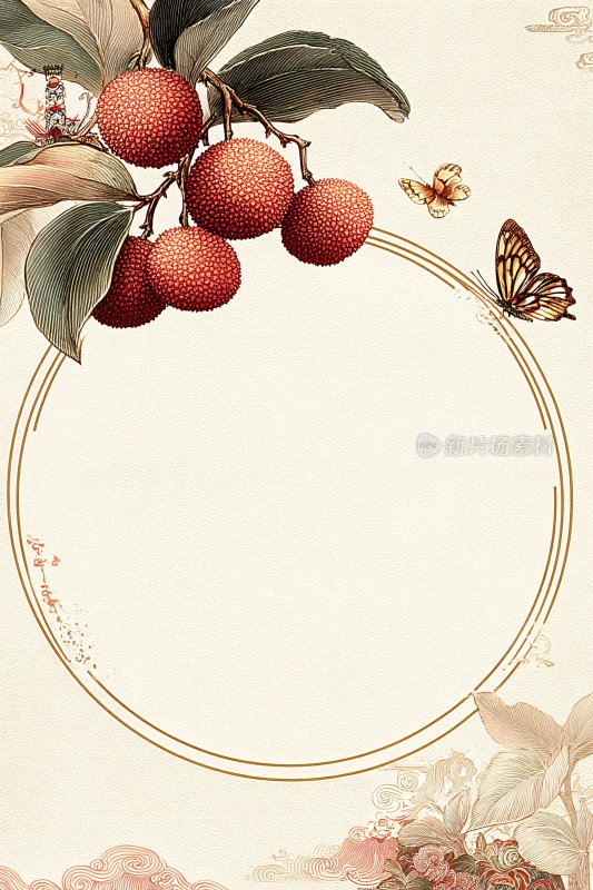 中式荔枝插画边框图
