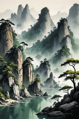 树木和岩石山地风景高清插画图片