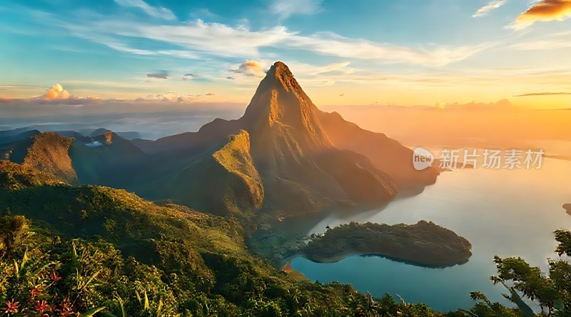 日出时分的美丽山峰与湖泊景观