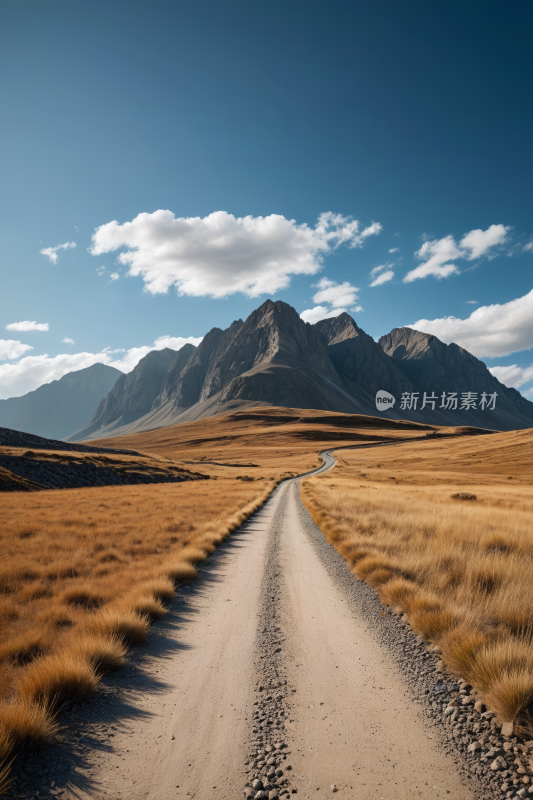 田野中央的土路山脉高清风景图片