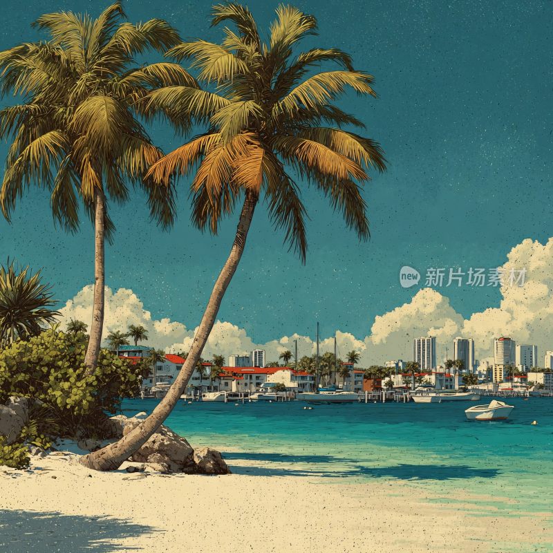 海边椰树与城市风景插画