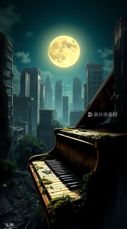废弃钢琴与城市夜景