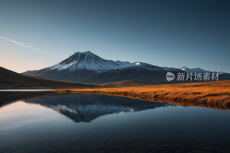 山倒映在晴朗的天空的湖泊中高清风景图片