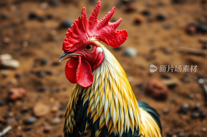 雄鸡有红色的梳子和黄色的冠站在泥土区域