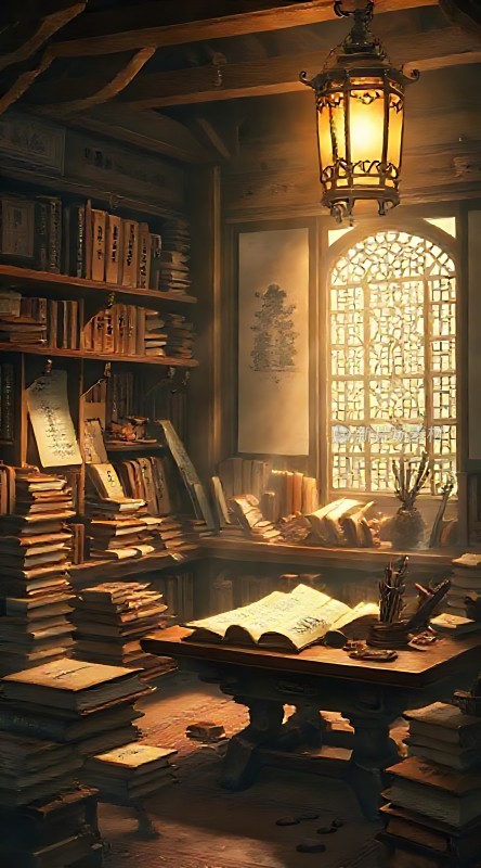古旧书房书架、桌椅、书籍、台灯、窗户