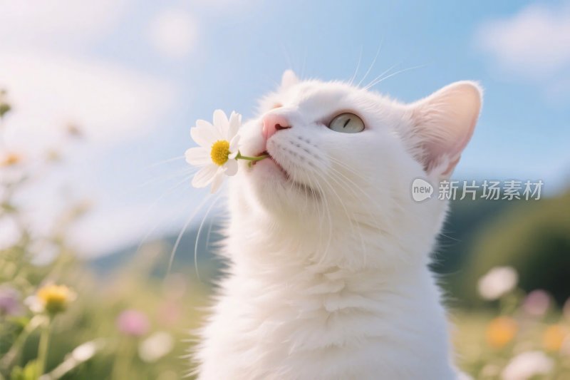 白猫嗅花自然场景