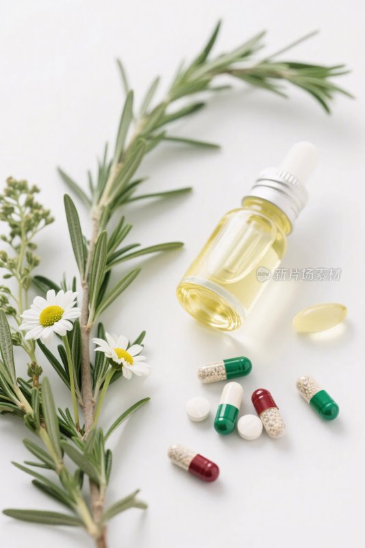 草本植物与药瓶药丸静物图