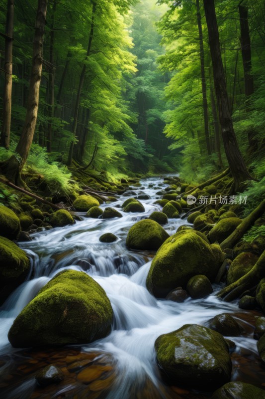 从一条溪流穿过充满岩石的森林高清风景图片