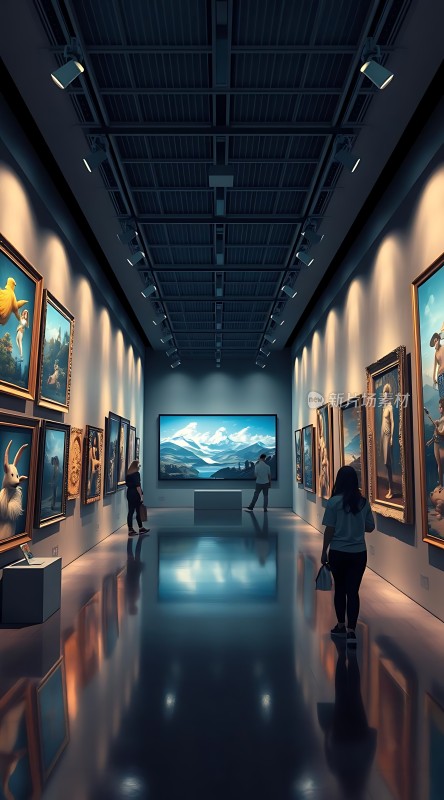 艺术馆内人们欣赏画作与风景