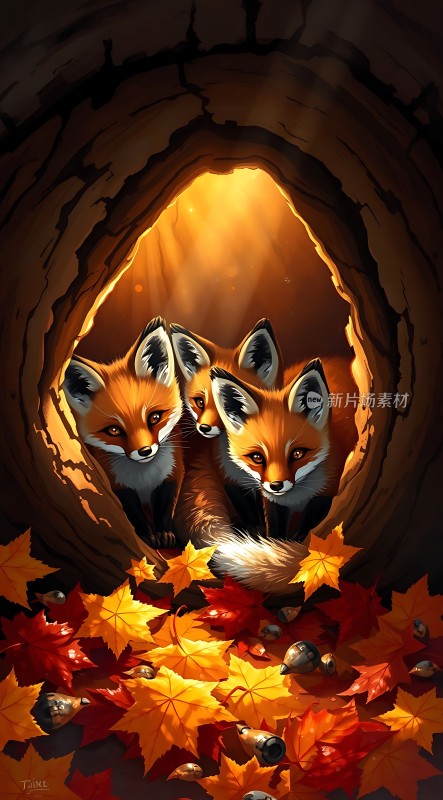 秋日暖阳下的三只小狐狸