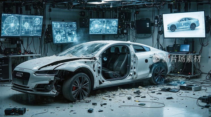 实验室中的奥迪汽车碰撞测试现场