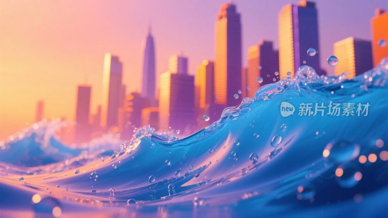 城市天际线与海浪的梦幻景象